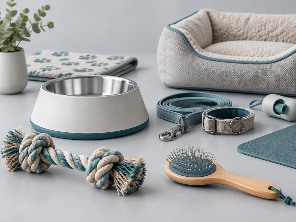 Pet bowl, rope toy, collar, leash, and grooming accessories