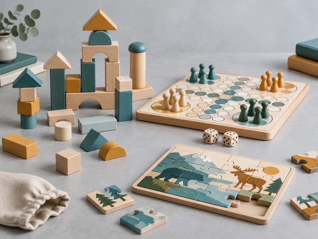 Wooden building blocks, board game, and educational puzzle